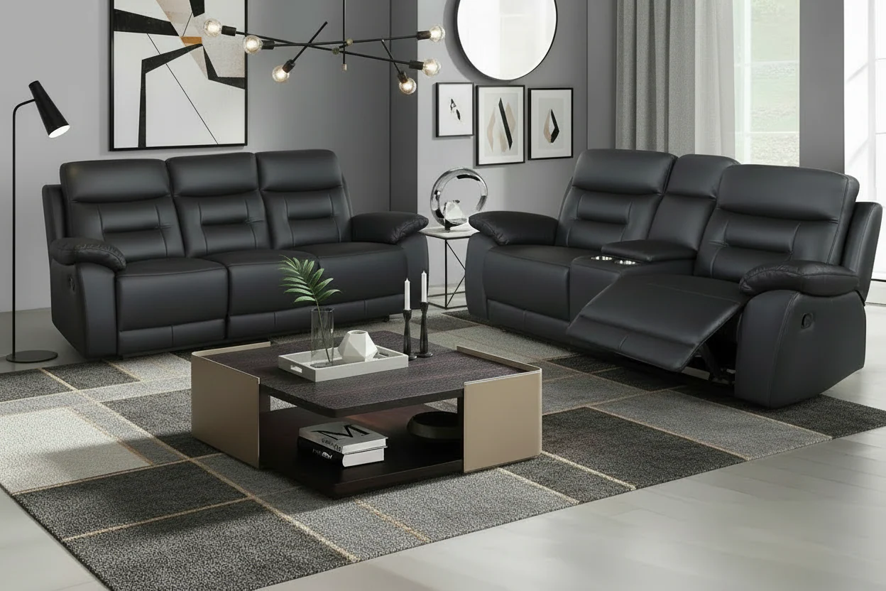 Lemington 3+2 Black Leather Recliner Package