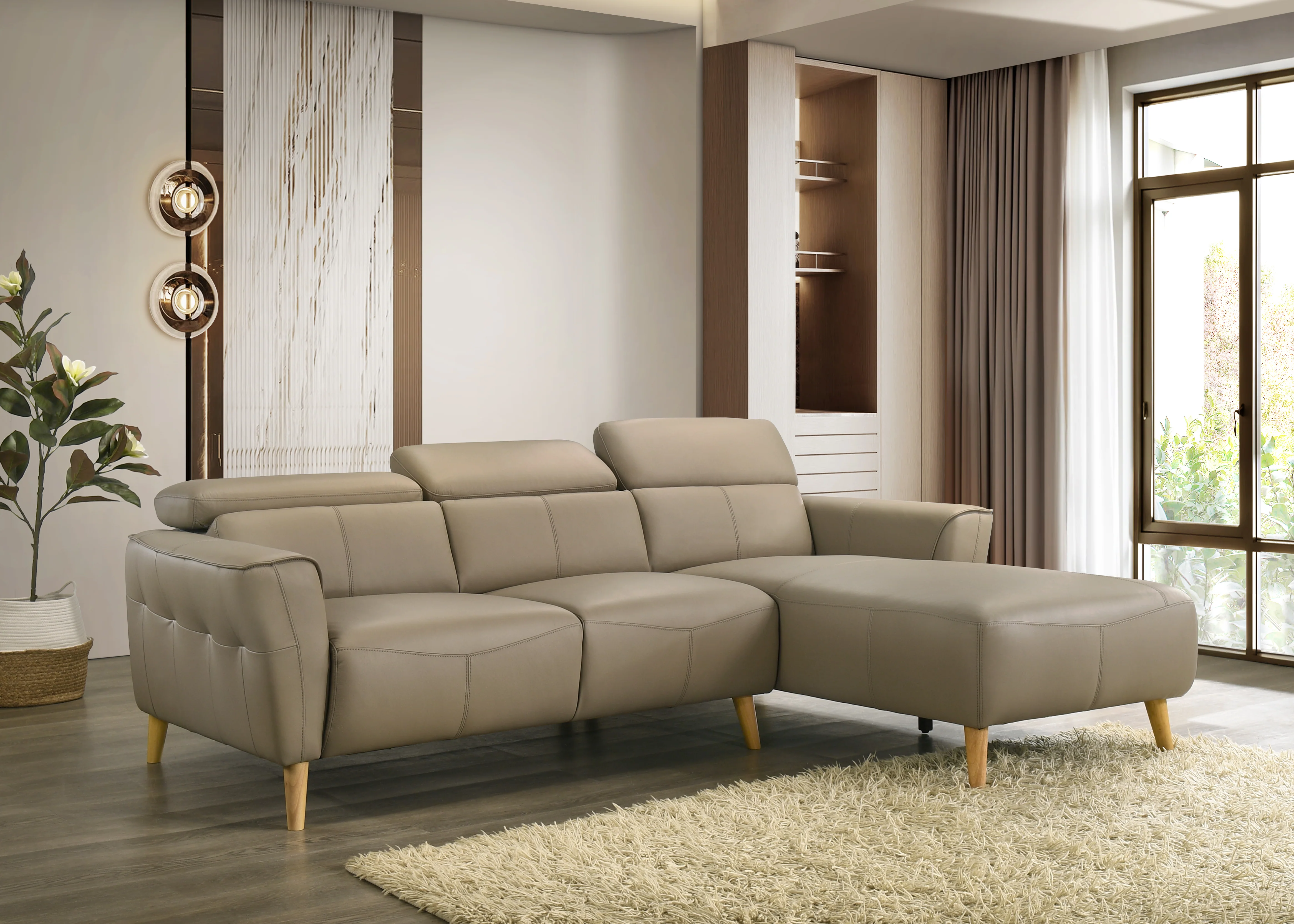 Penelope 3 Seater Leather Lounge with Chaise - Image 4